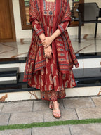 Jaipuri Cotton A-Line Kurti Set with Plazo & Dupatta | Bagru Print Mirror Work