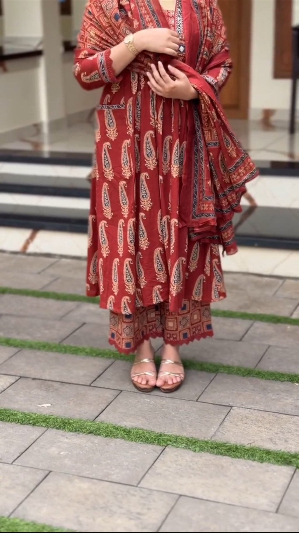 Jaipuri Cotton A-Line Kurti Set with Plazo & Dupatta | Bagru Print Mirror Work