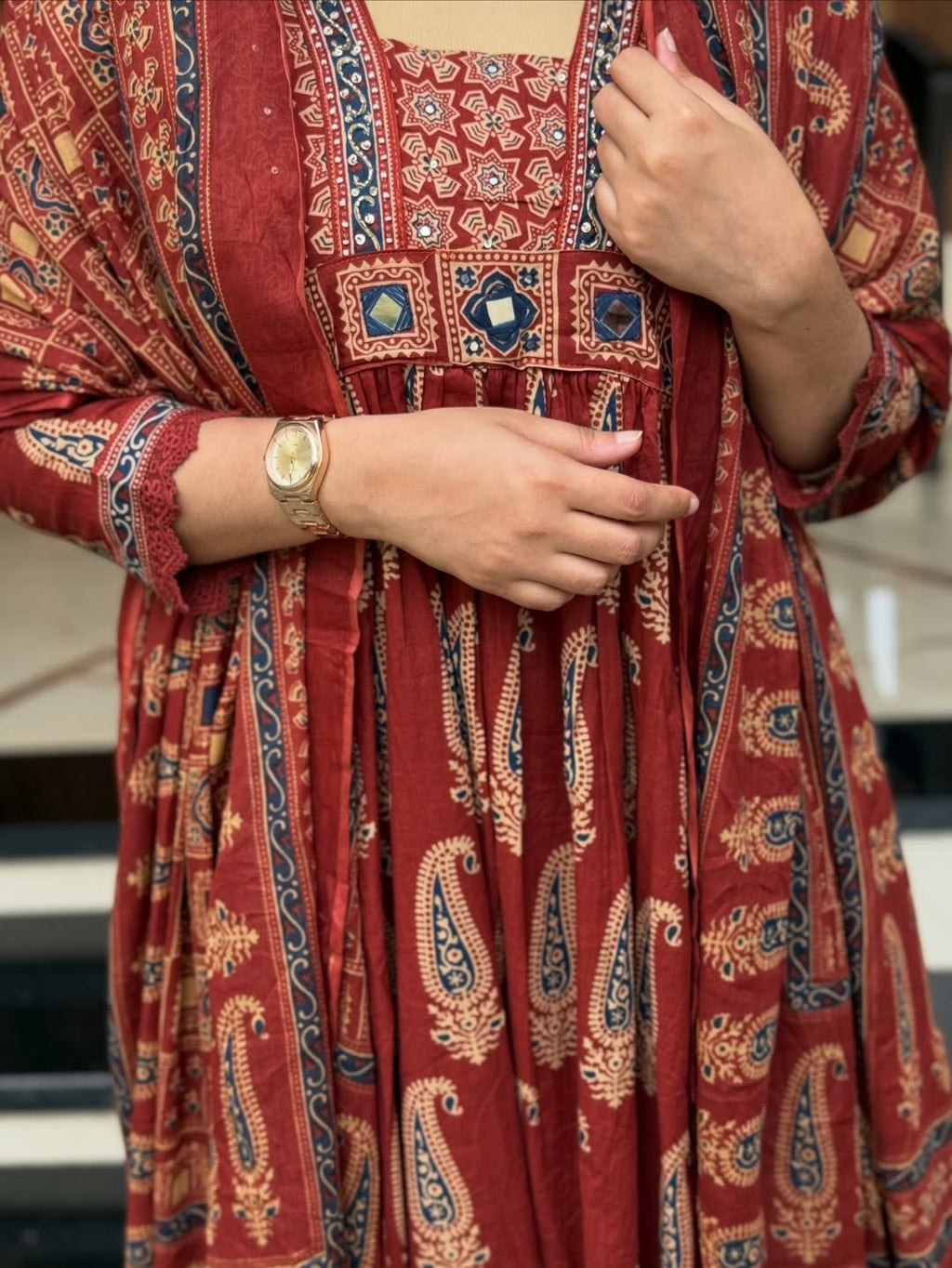 Jaipuri Cotton A-Line Kurti Set with Plazo & Dupatta | Bagru Print Mirror Work