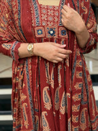 Jaipuri Cotton A-Line Kurti Set with Plazo & Dupatta | Bagru Print Mirror Work