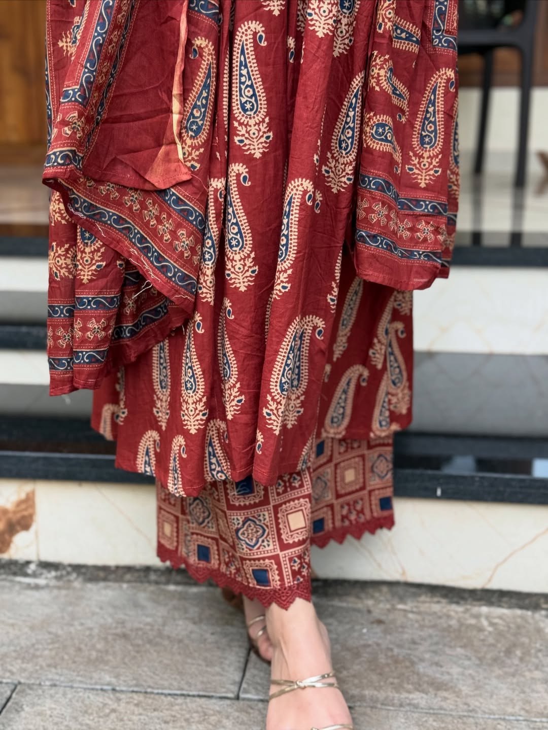 Jaipuri Cotton A-Line Kurti Set with Plazo & Dupatta | Bagru Print Mirror Work