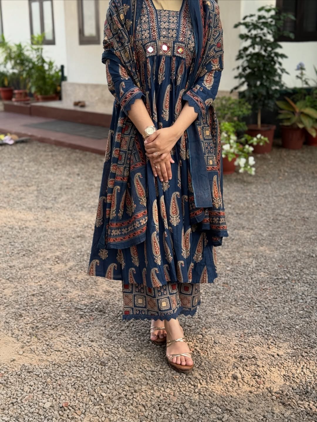 Jaipuri Cotton A-Line Kurti Set with Plazo & Dupatta | Bagru Print Mirror Work