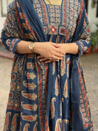 Jaipuri Cotton A-Line Kurti Set with Plazo & Dupatta | Bagru Print Mirror Work