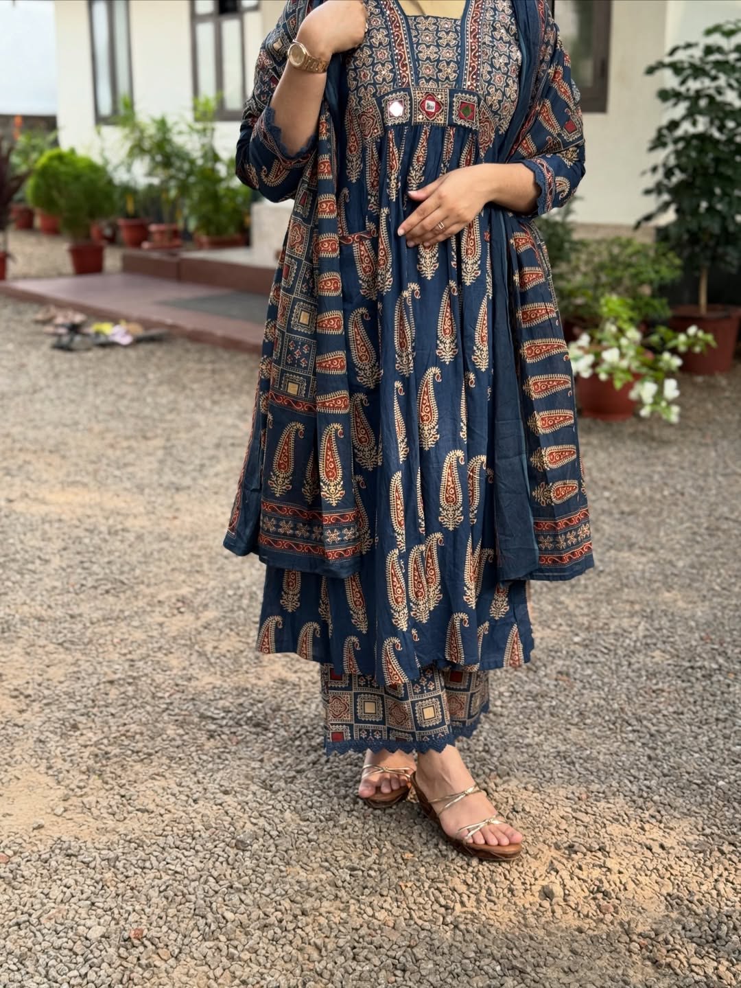 Jaipuri Cotton A-Line Kurti Set with Plazo & Dupatta | Bagru Print Mirror Work