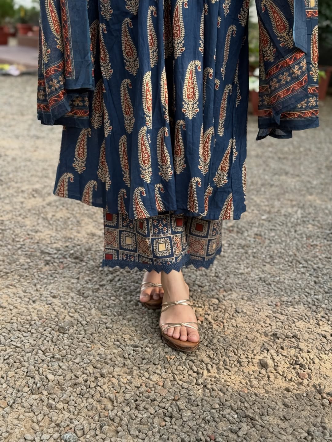 Jaipuri Cotton A-Line Kurti Set with Plazo & Dupatta | Bagru Print Mirror Work