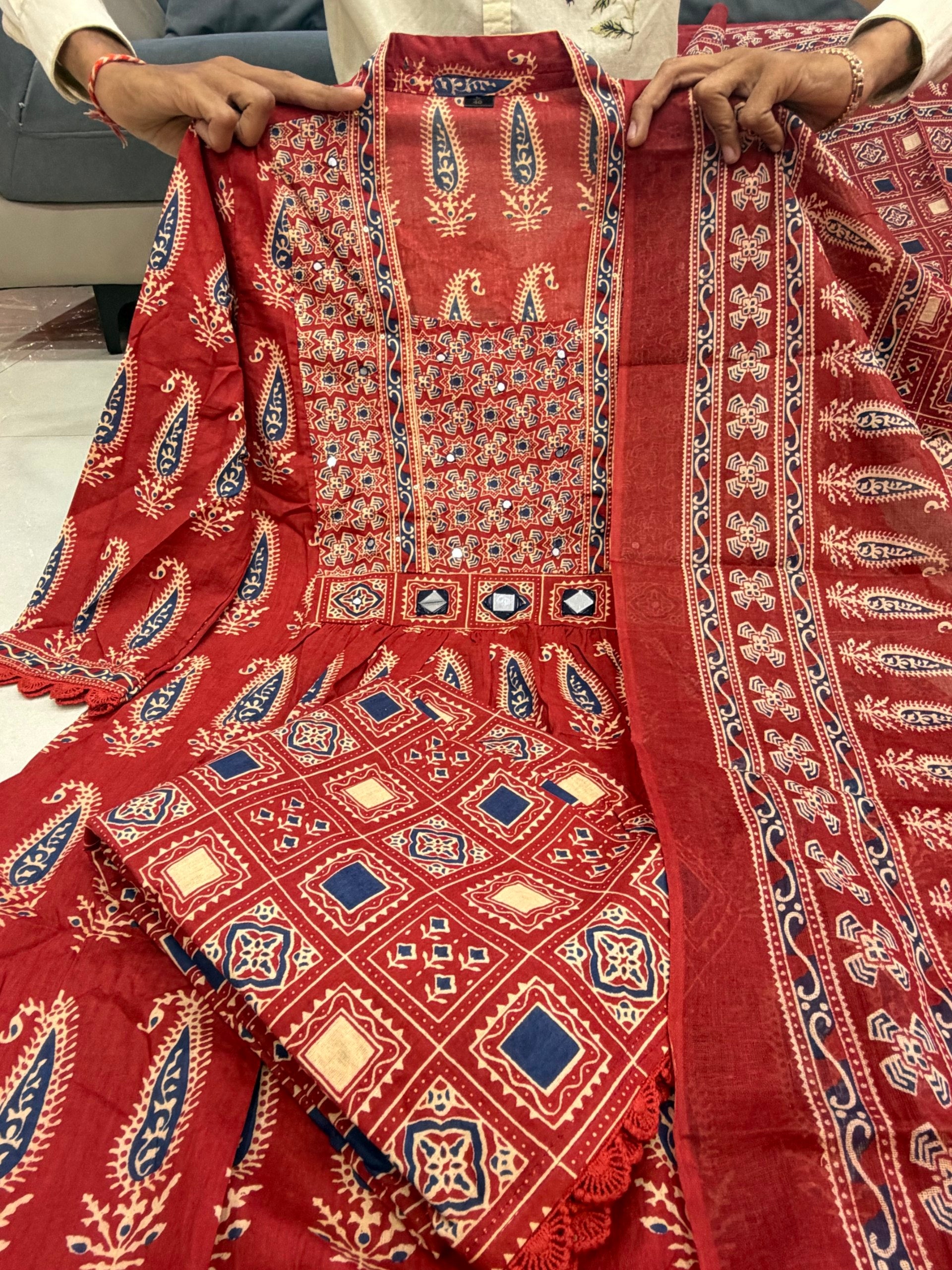 Jaipuri Cotton A-Line Kurti Set with Plazo & Dupatta | Bagru Print Mirror Work