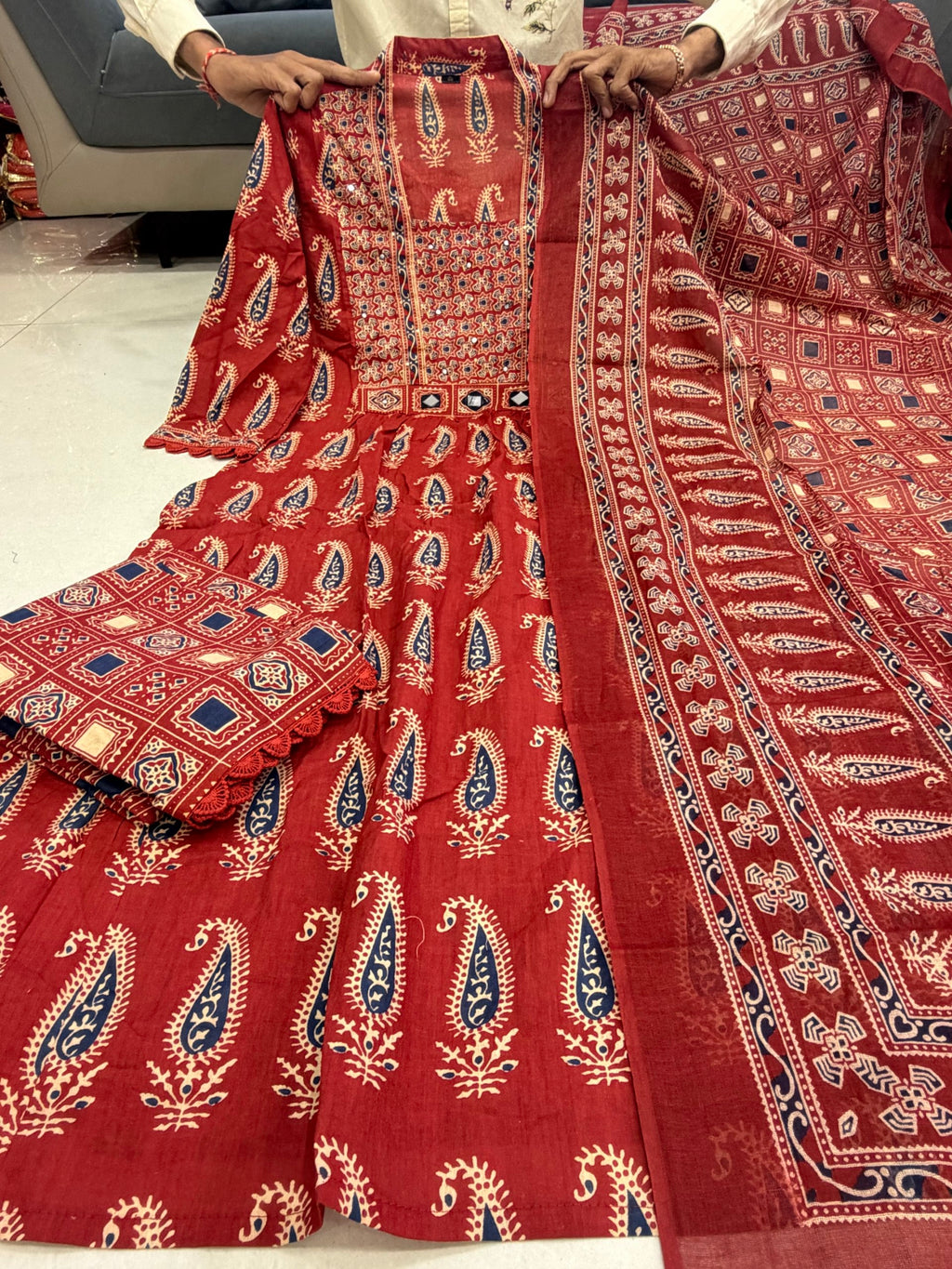 Jaipuri Cotton A-Line Kurti Set with Plazo & Dupatta | Bagru Print Mirror Work