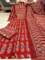 Jaipuri Cotton A-Line Kurti Set with Plazo & Dupatta | Bagru Print Mirror Work