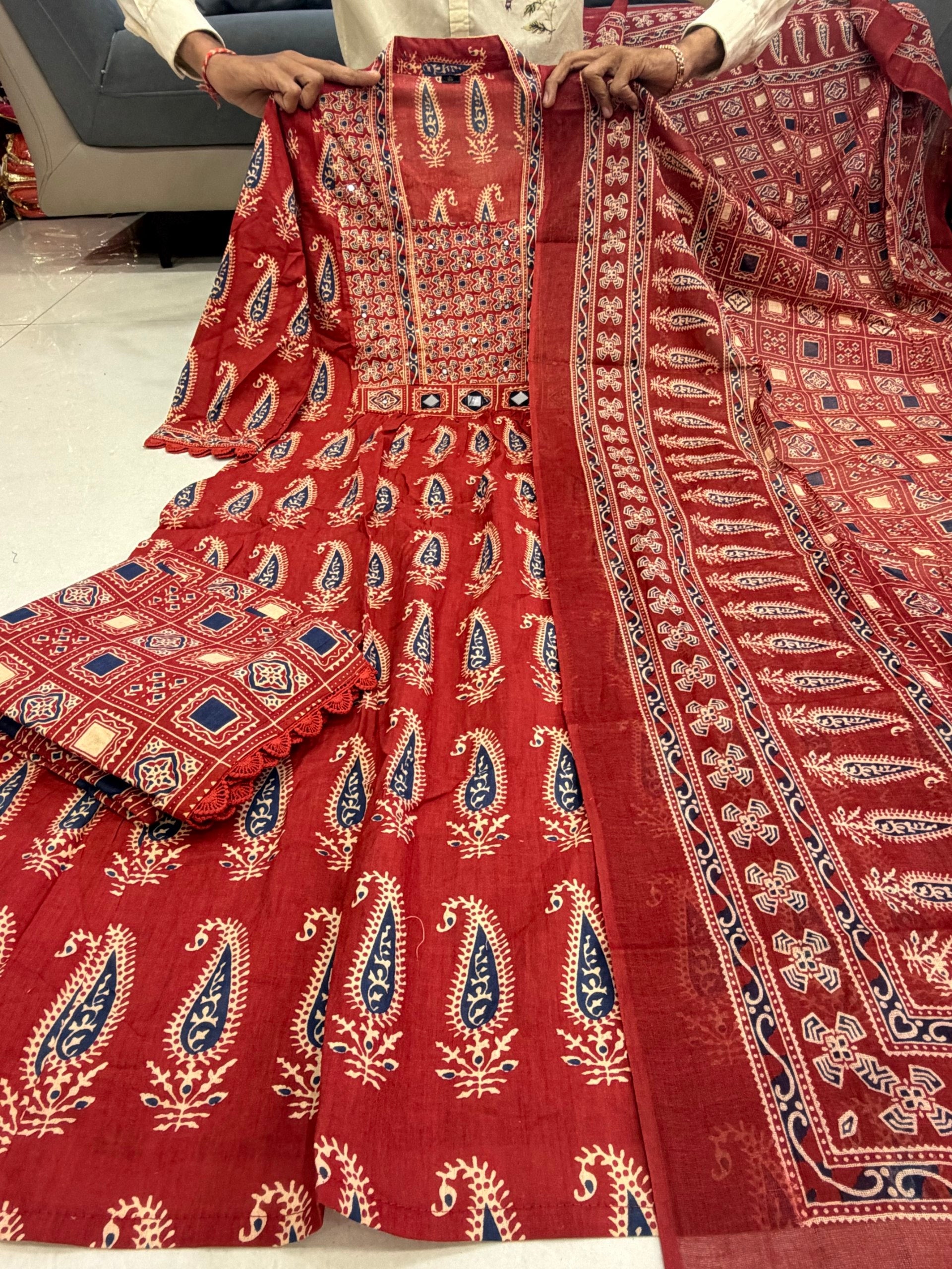 Jaipuri Cotton A-Line Kurti Set with Plazo & Dupatta | Bagru Print Mirror Work