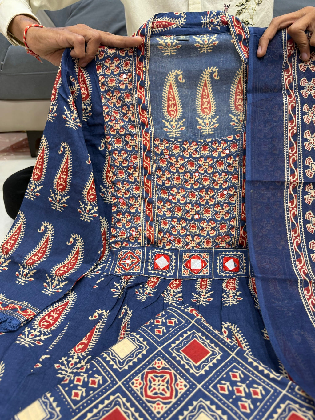 Jaipuri Cotton A-Line Kurti Set with Plazo & Dupatta | Bagru Print Mirror Work