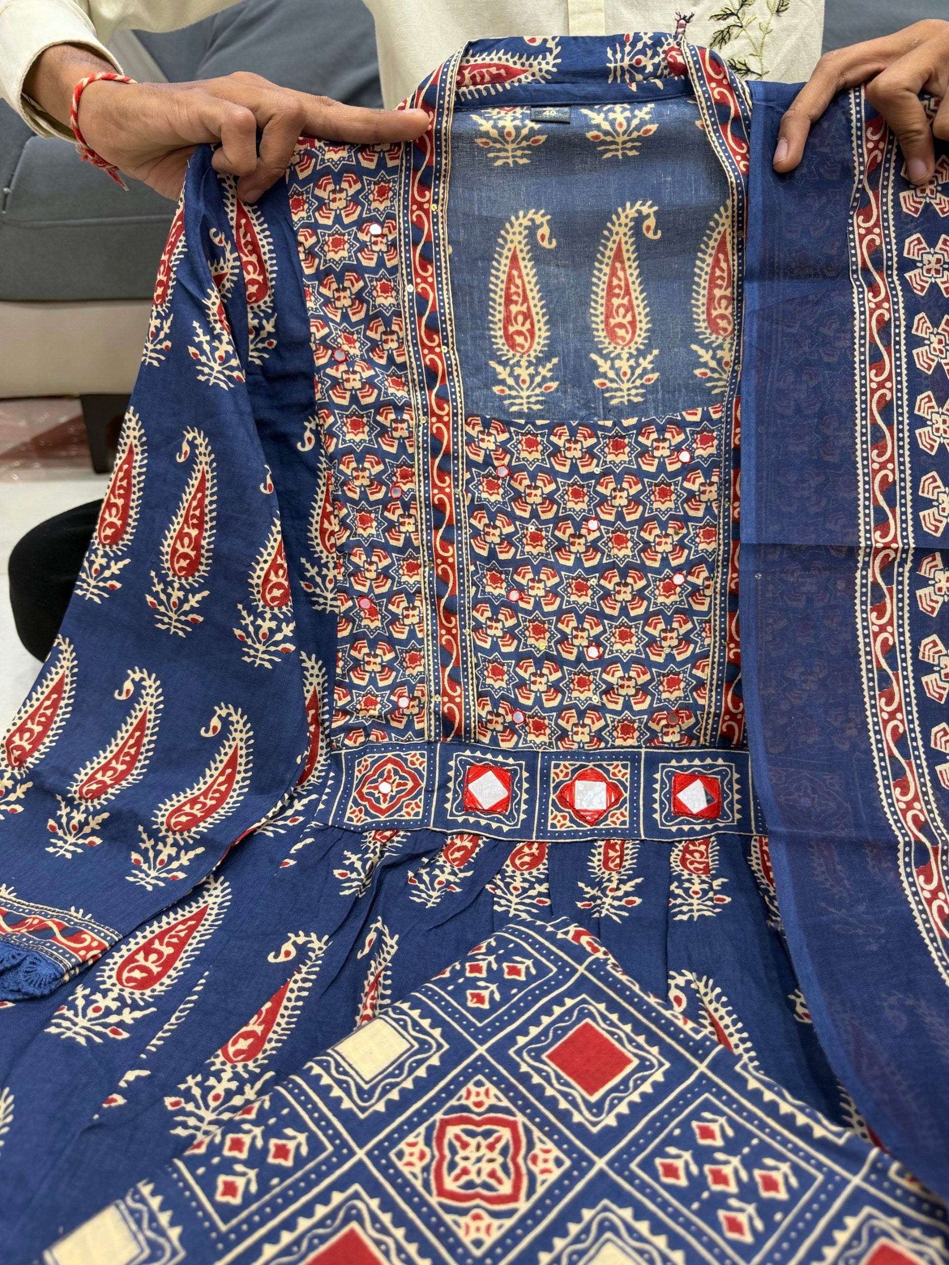 Jaipuri Cotton A-Line Kurti Set with Plazo & Dupatta | Bagru Print Mirror Work