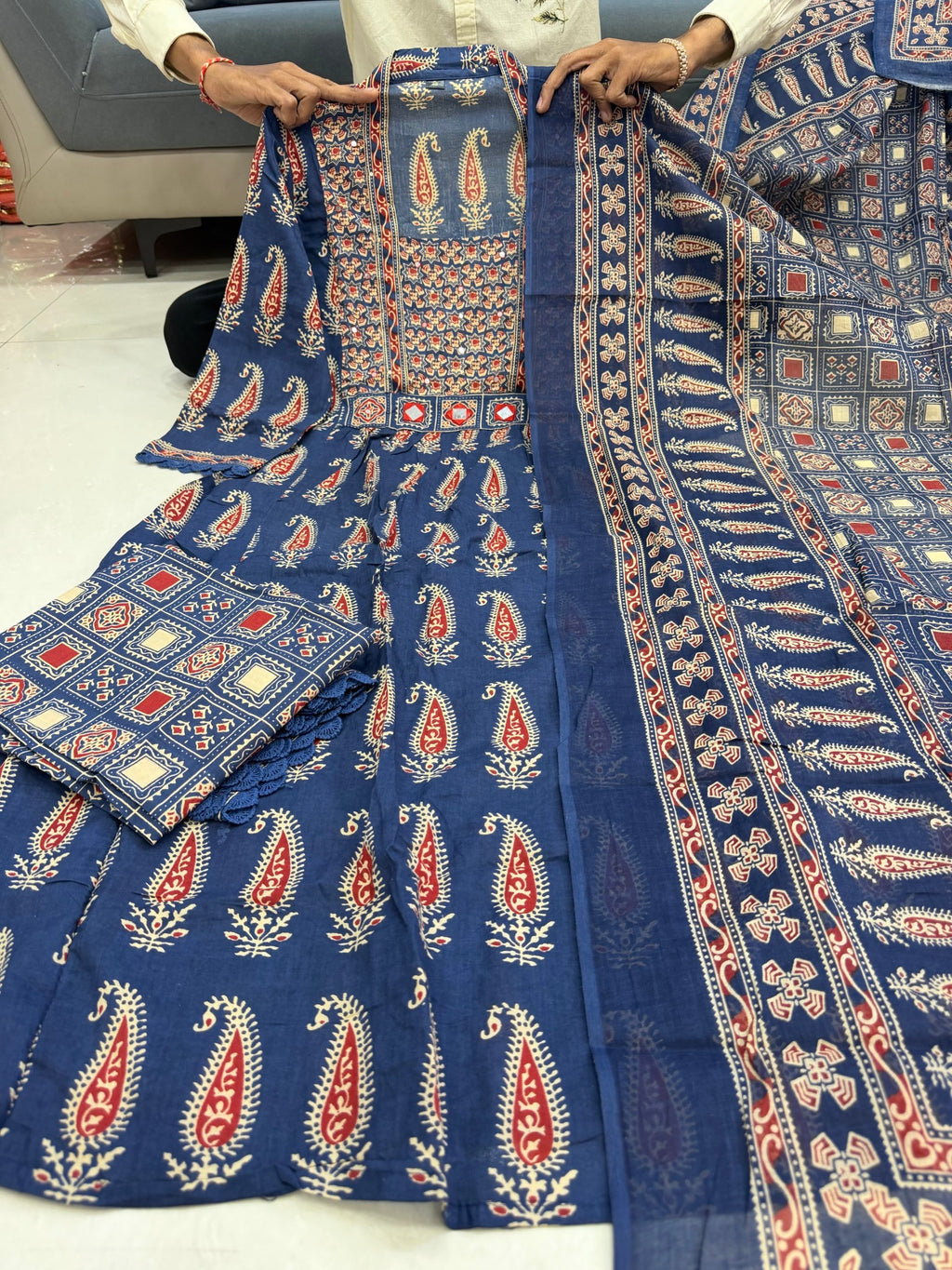 Jaipuri Cotton A-Line Kurti Set with Plazo & Dupatta | Bagru Print Mirror Work