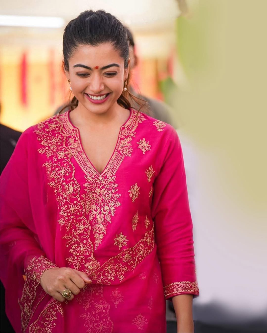 Rashmika Inspired Pink Embroidered Kurti Set for Women | Festive Wear Suit Set