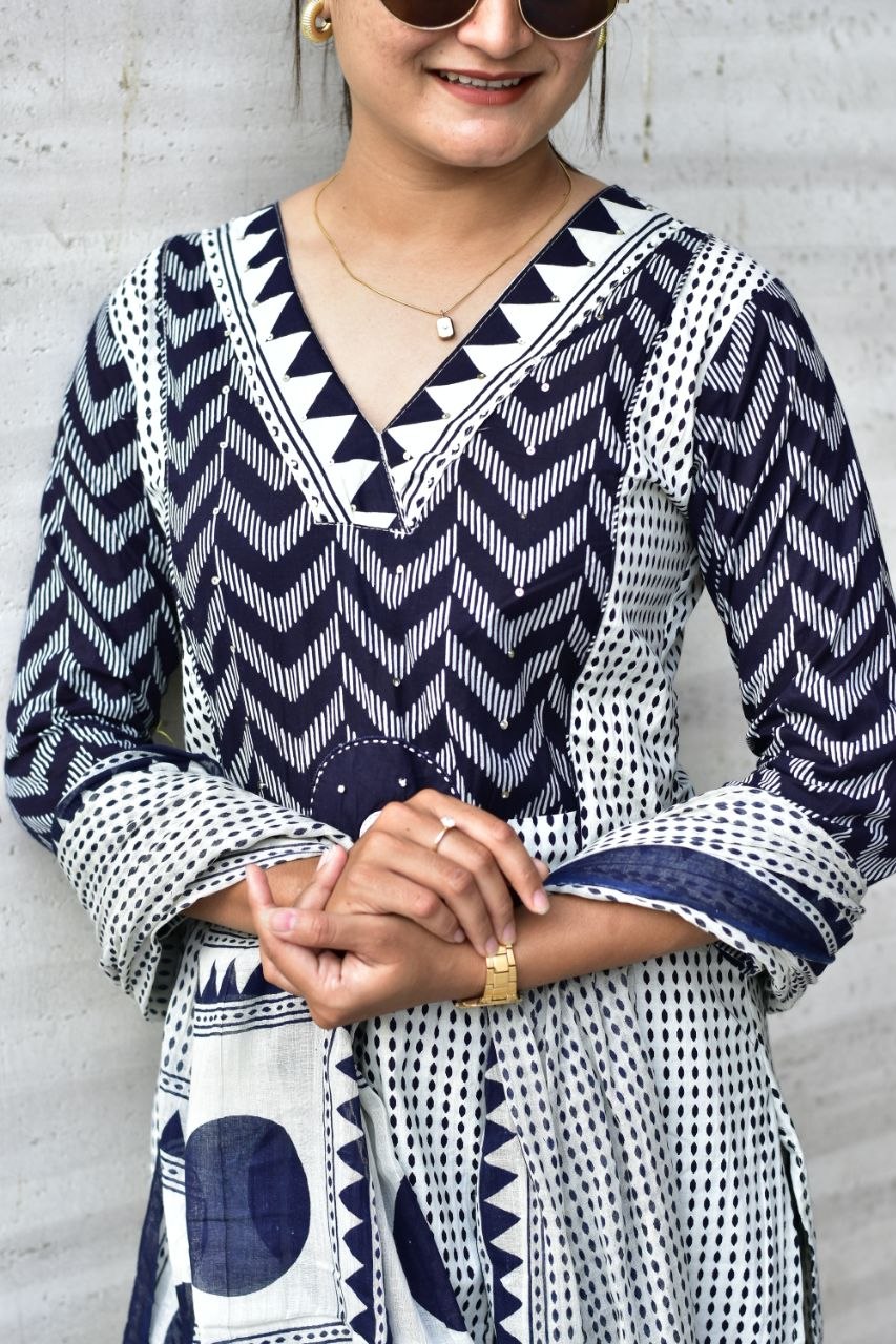 Cotton Zik Zak Kurti Set Women Daily Wear Ethnic Suit