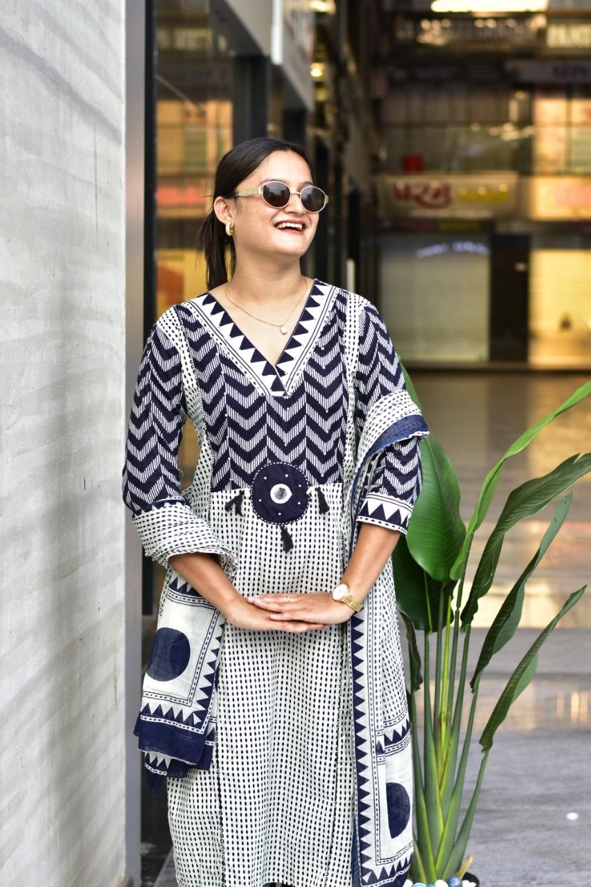 Cotton Zik Zak Kurti Set Women Daily Wear Ethnic Suit