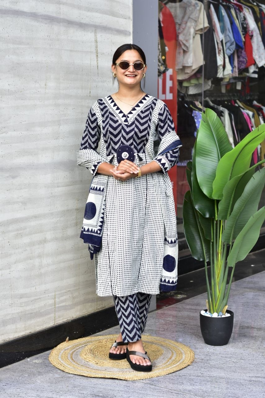 Cotton Zik Zak Kurti Set Women Daily Wear Ethnic Suit