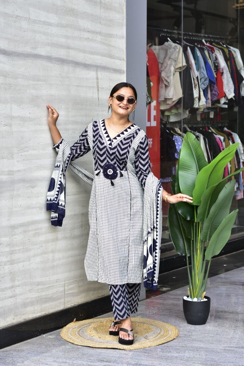 Cotton Zik Zak Kurti Set Women Daily Wear Ethnic Suit