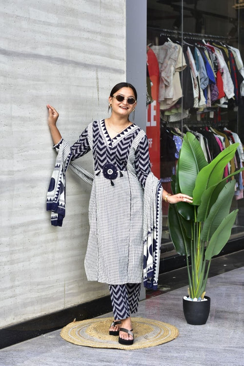 Cotton Zik Zak Kurti Set Women Daily Wear Ethnic Suit