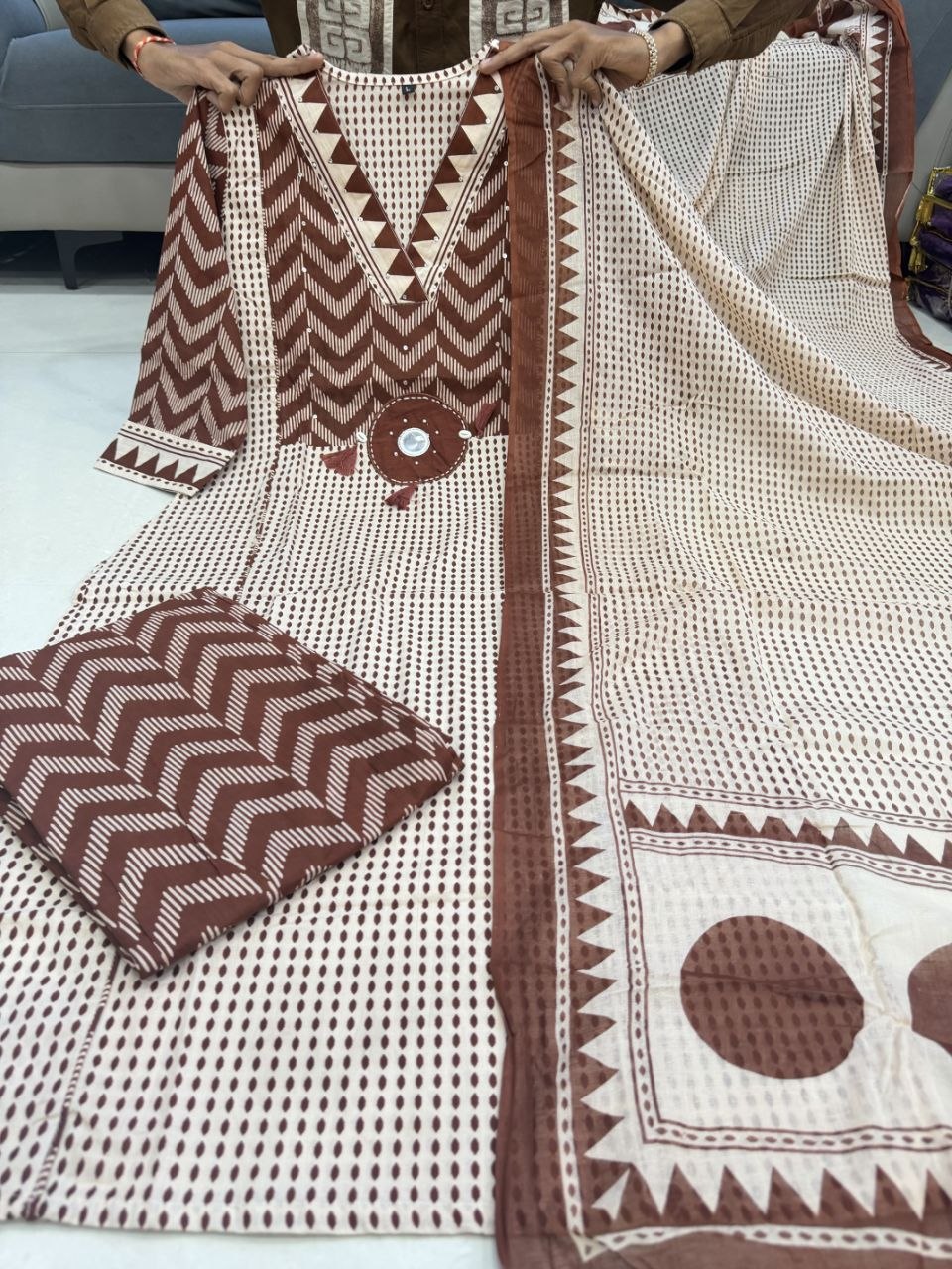 Cotton Zik Zak Kurti Set Women Daily Wear Ethnic Suit