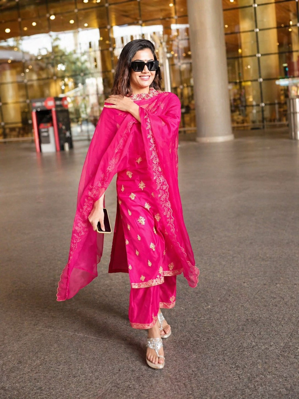 Rashmika Inspired Pink Embroidered Kurti Set for Women | Festive Wear Suit Set