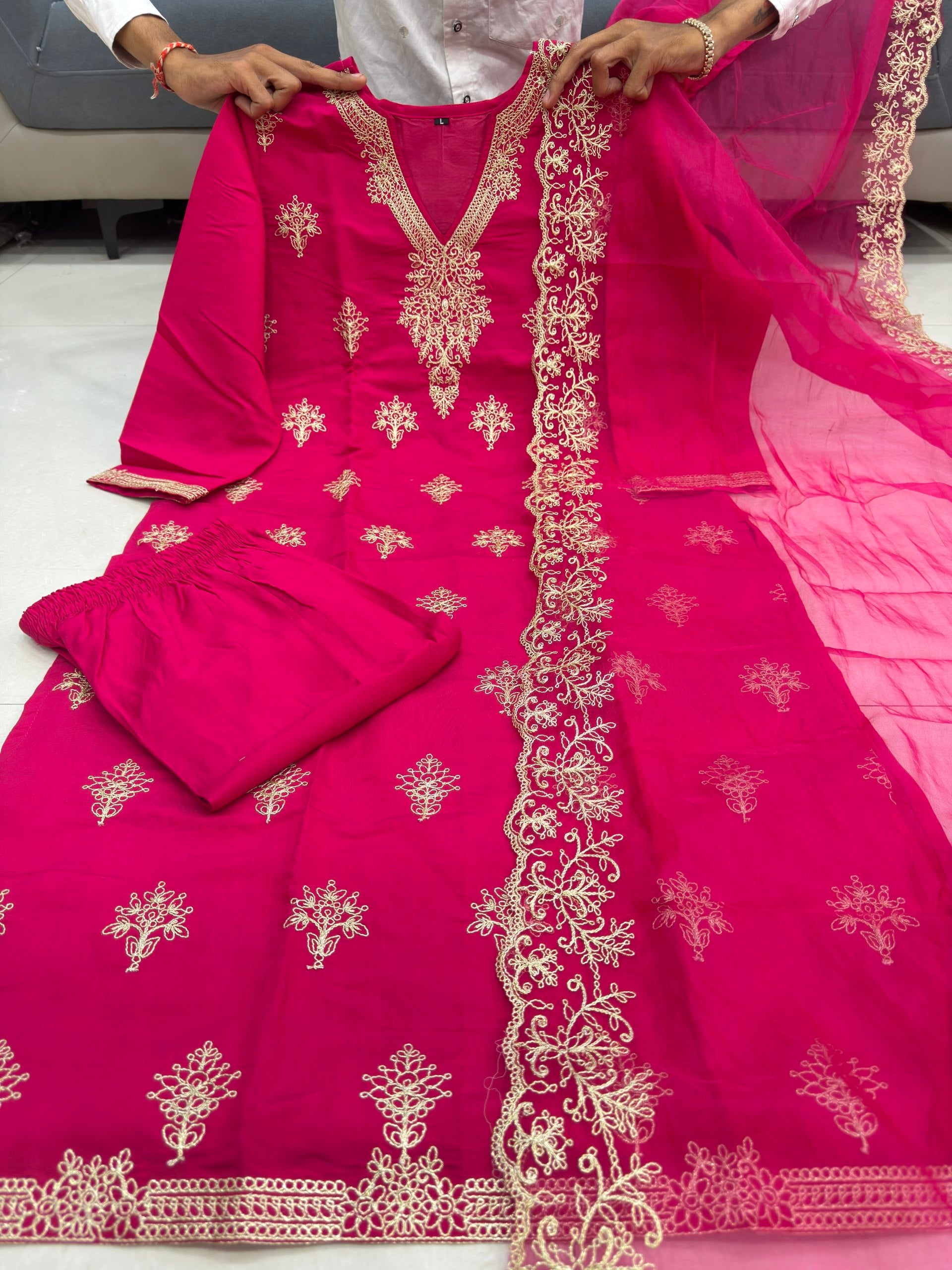 Rashmika Inspired Pink Embroidered Kurti Set for Women | Festive Wear Suit Set