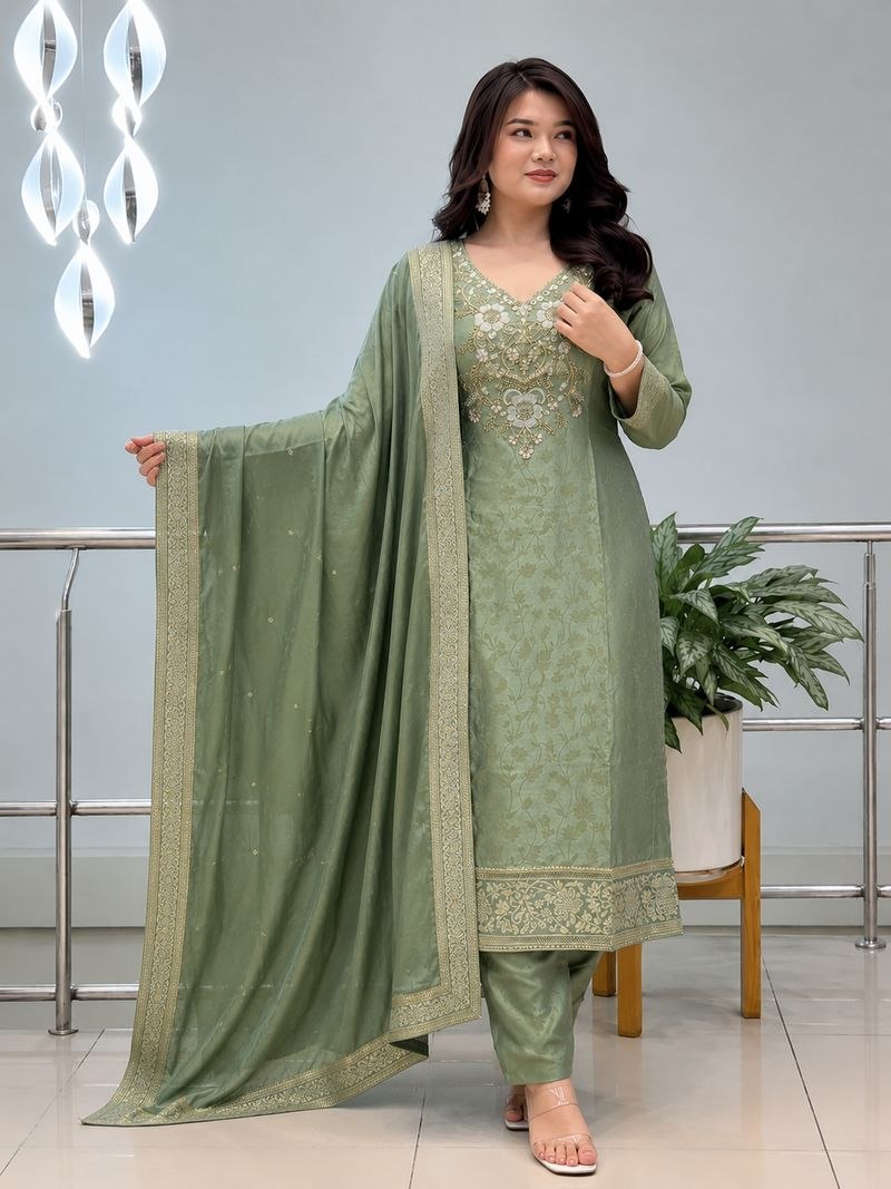 Malay Glass Tissue Suit Set Women | Kanjivaram Handwork Kurti Set