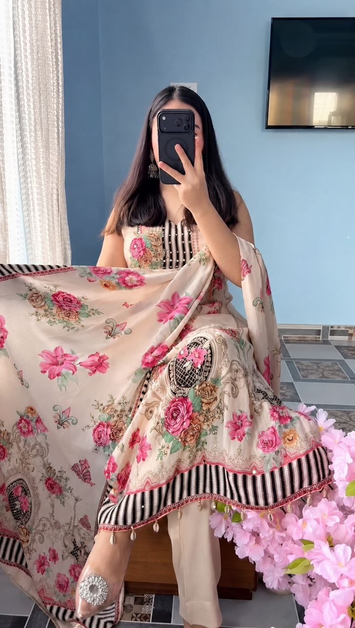 Designer Floral Crepe Silk Mirror Work Kurta Pant Dupatta Set