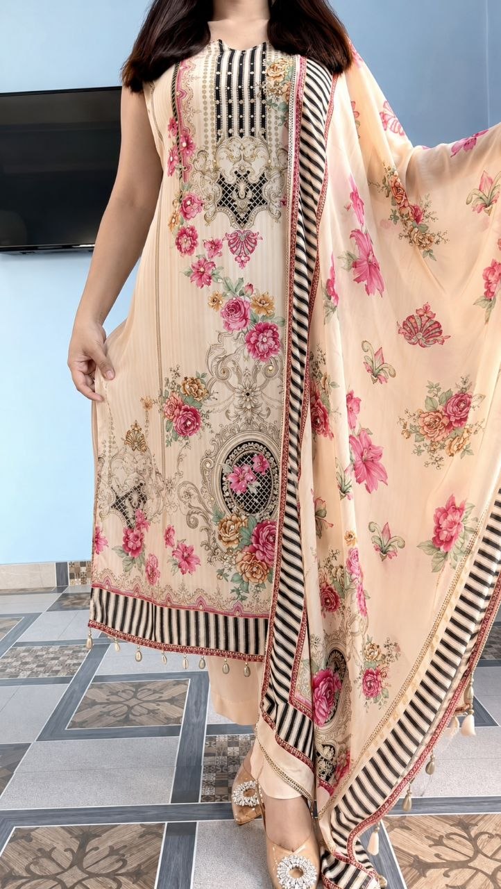 Floral Printed Crepe Silk Mirror Work Suit Set for Women with Dupatta