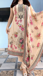 Floral Printed Crepe Silk Mirror Work Suit Set for Women with Dupatta
