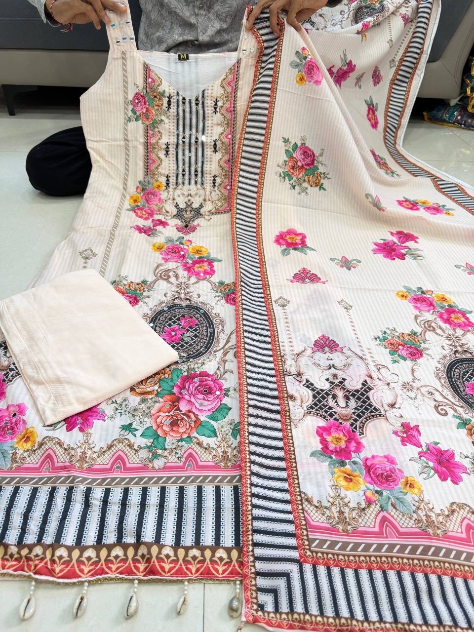 Designer Floral Crepe Silk Mirror Work Kurta Pant Dupatta Set