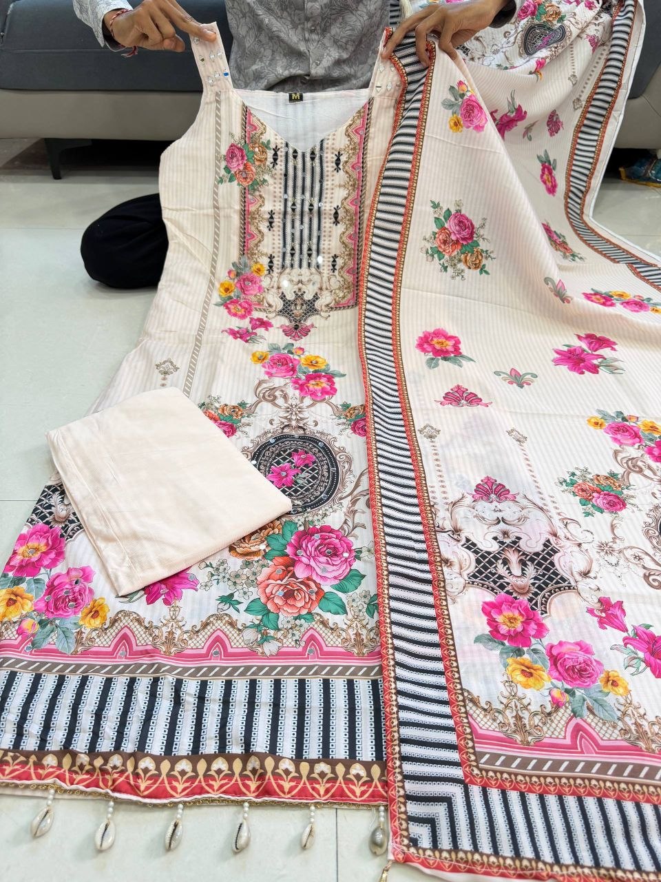 Designer Floral Crepe Silk Mirror Work Kurta Pant Dupatta Set