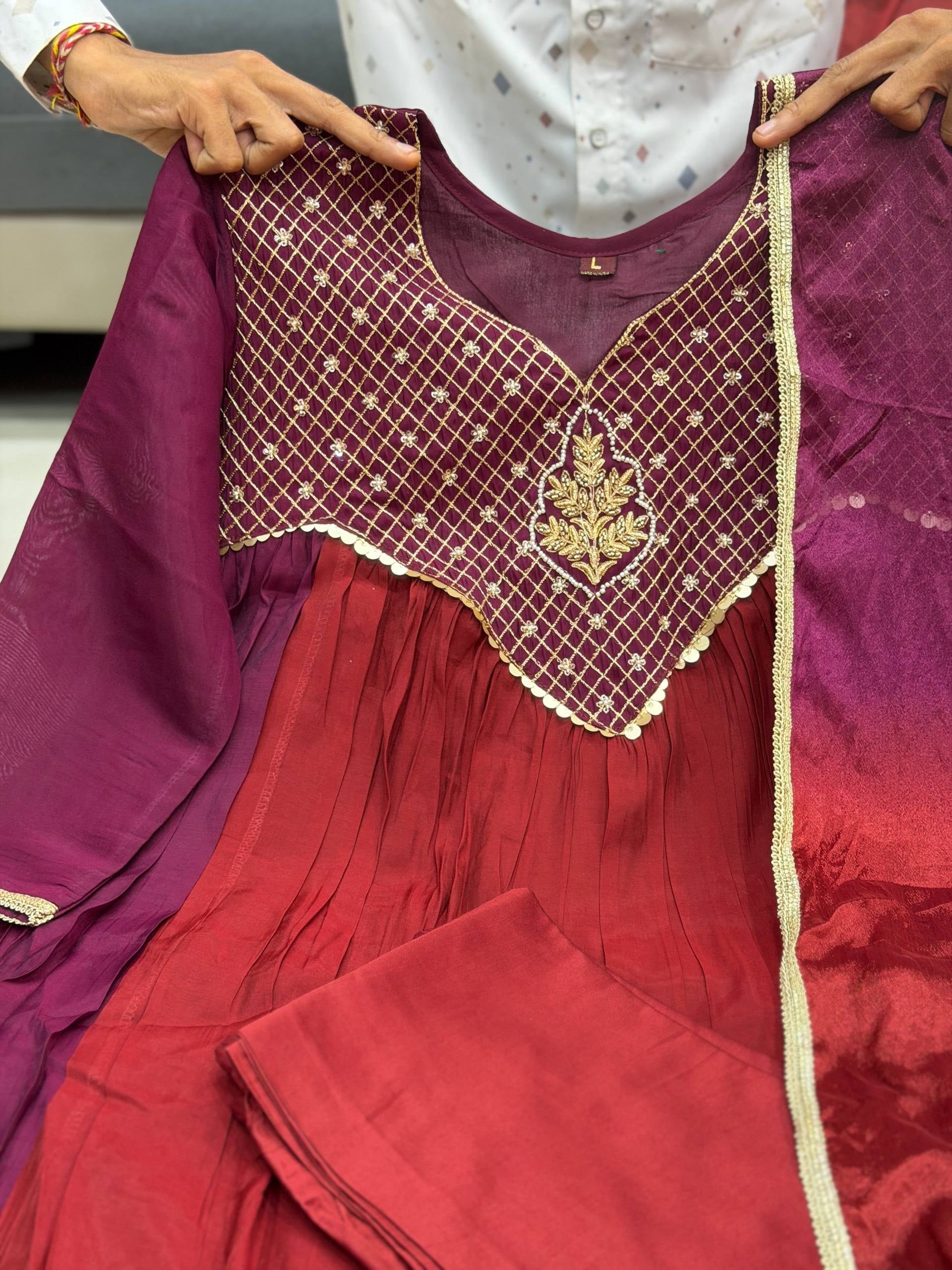 Mal Chanderi Handwork Anarkali Suit Set