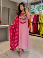 Designer Mul Chanderi Handwork Kurta Pant Dupatta Set for Women