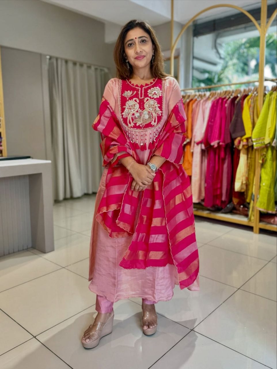 Designer Pink Chanderi Kurta Pant Dupatta Set with Handwork Neck