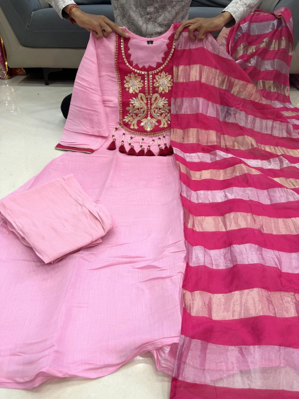 Designer Mul Chanderi Handwork Kurta Pant Dupatta Set for Women