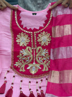 Designer Mul Chanderi Handwork Kurta Pant Dupatta Set for Women