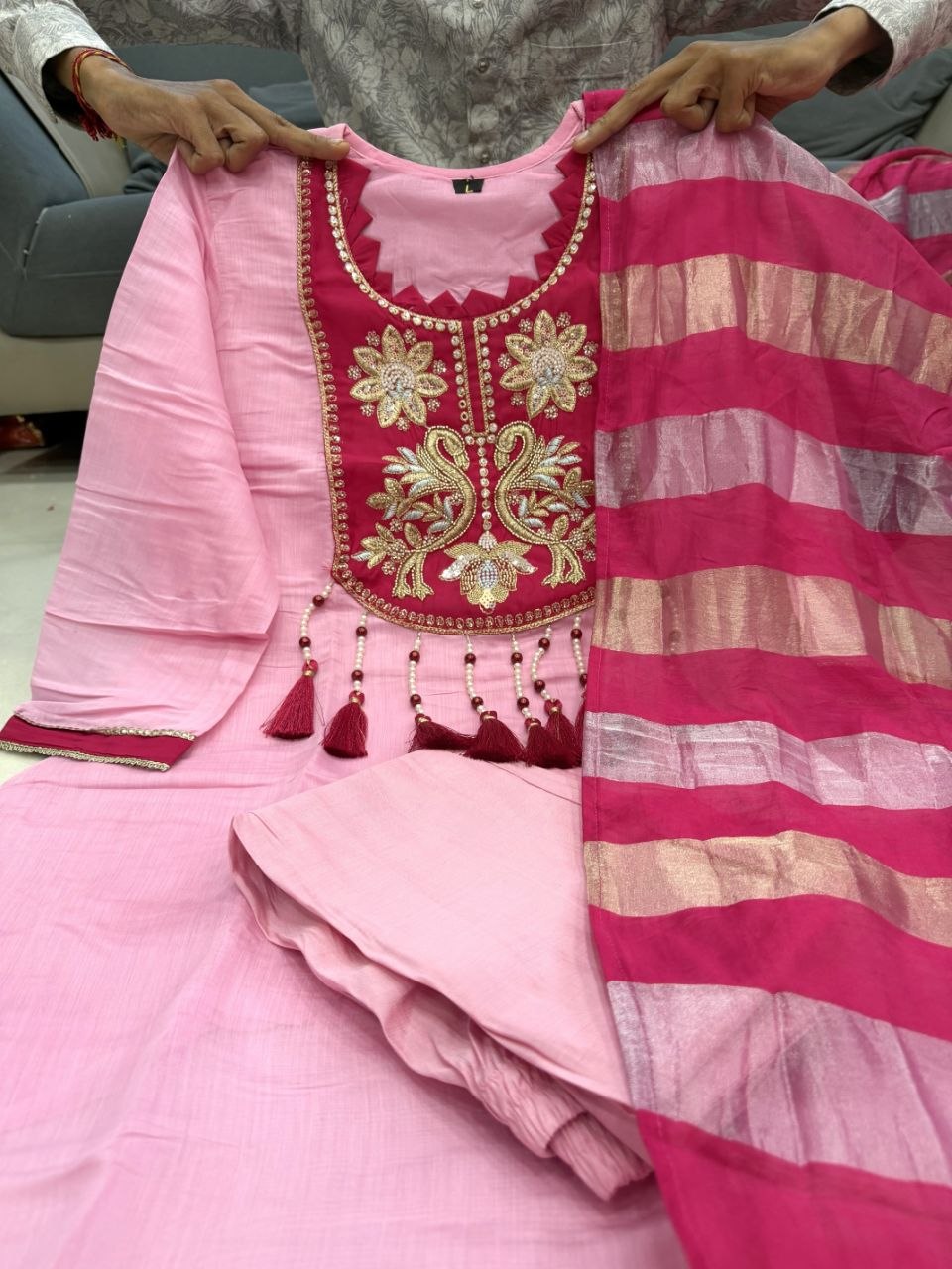 Designer Mul Chanderi Handwork Kurta Pant Dupatta Set for Women