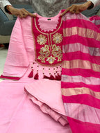 Designer Mul Chanderi Handwork Kurta Pant Dupatta Set for Women