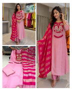 Designer Mul Chanderi Handwork Kurta Pant Dupatta Set for Women