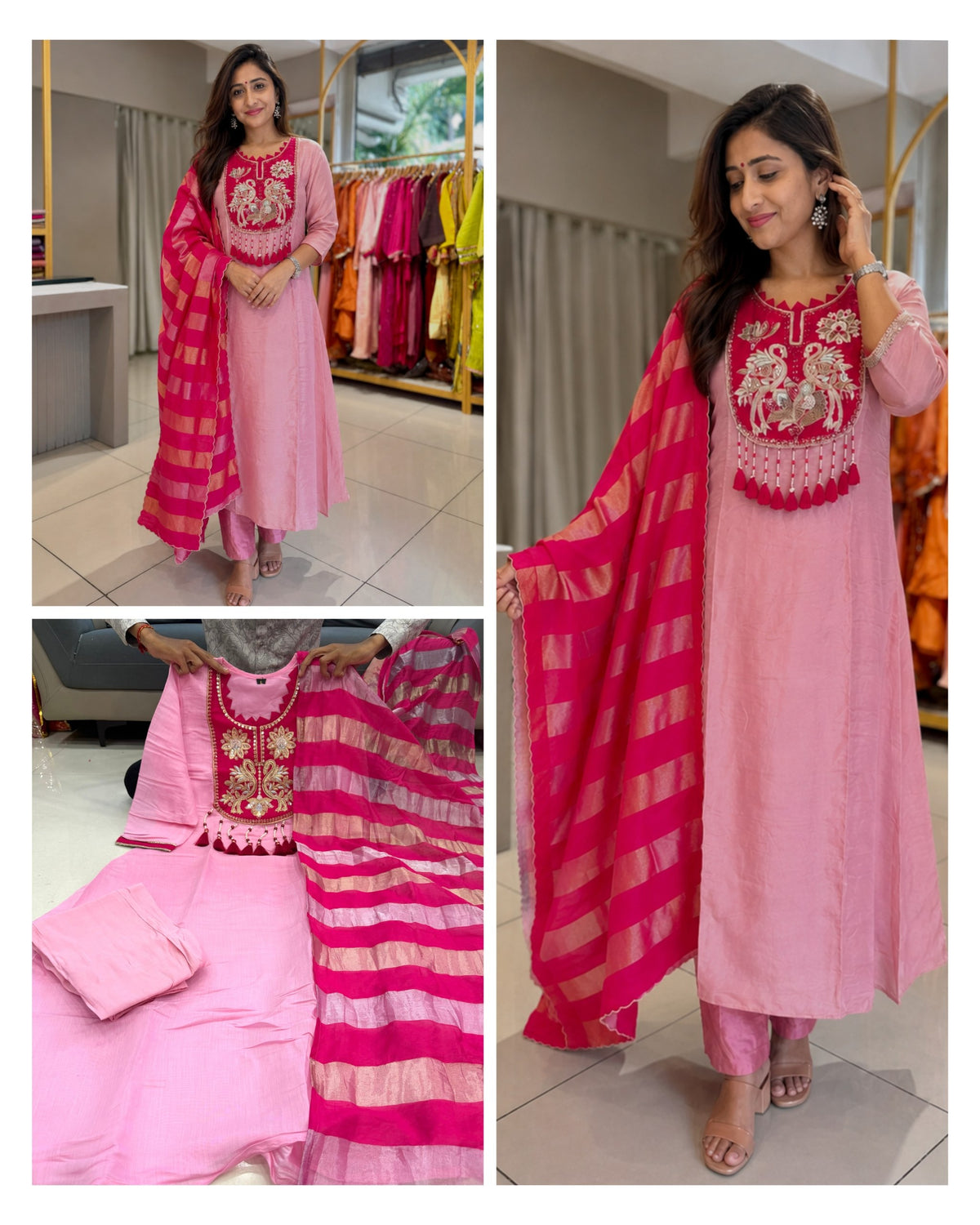 Designer Mul Chanderi Handwork Kurta Pant Dupatta Set for Women