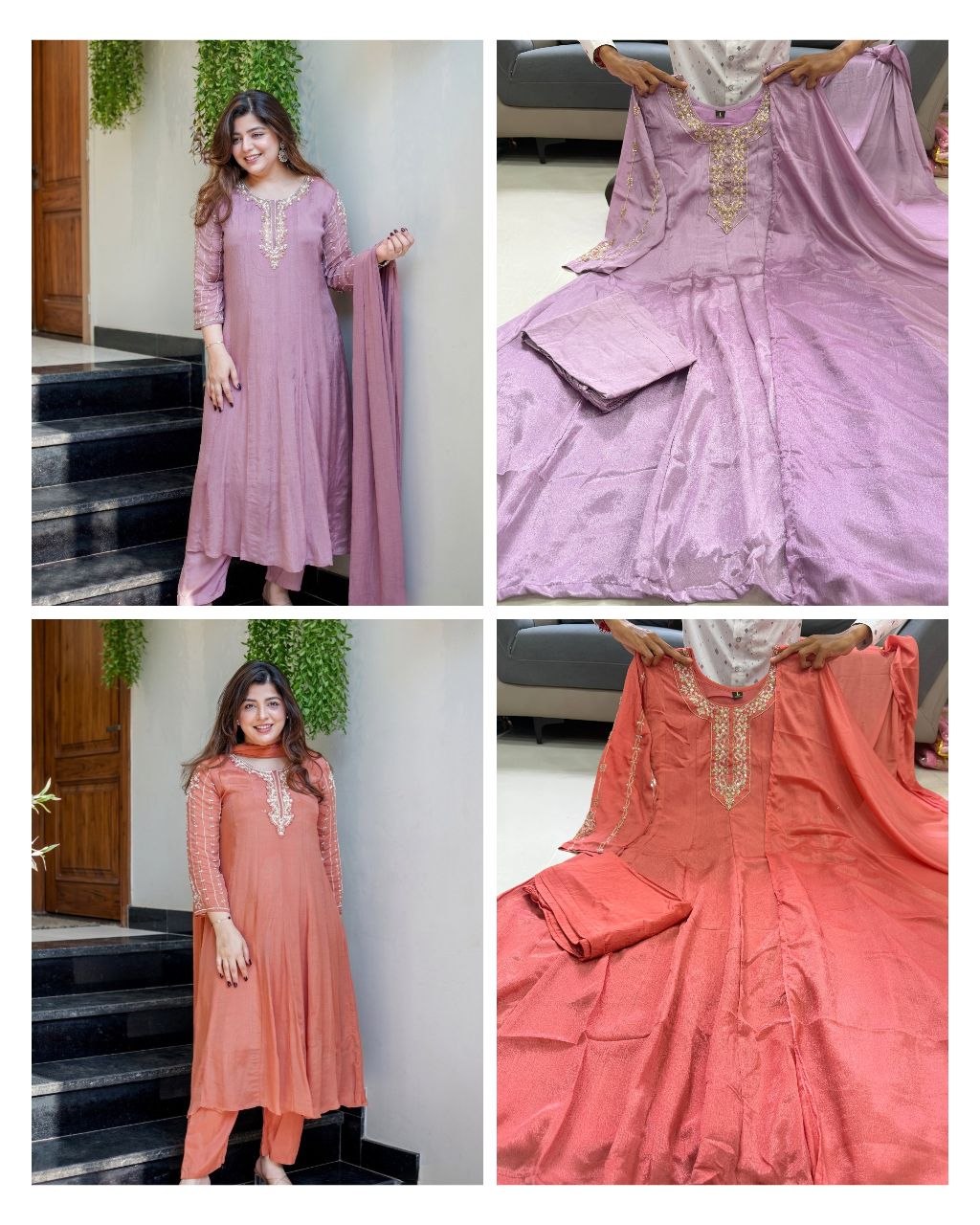 Peach Pure Glass Tissue Handwork Anarkali Gown Set for Women
