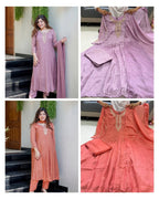 Peach Pure Glass Tissue Handwork Anarkali Gown Set for Women