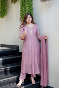 Mauve Glass Tissue Anarkali Gown with Handwork Neck and Sleeves