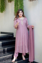 Mauve Glass Tissue Anarkali Gown with Handwork Neck and Sleeves